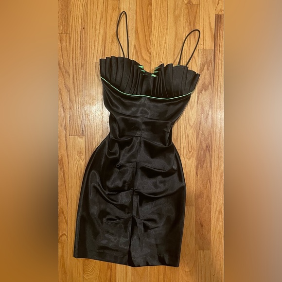Y2k 90s Black & Lime Green Satin Ruched Sleeveless Mini Dress - Picture 15 of 16